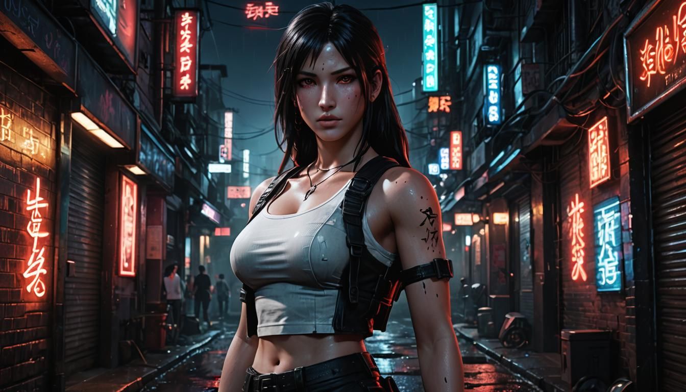 Tifa Lockhart in a Neon Alleyway: 3D Game Art