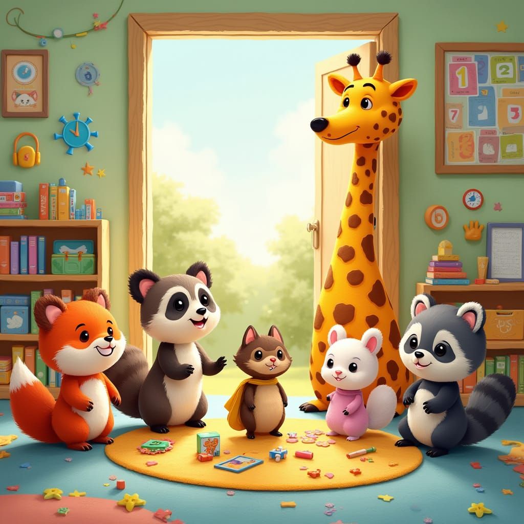 Friends Welcome New Friend in Colorful Kindergarten Classroo...