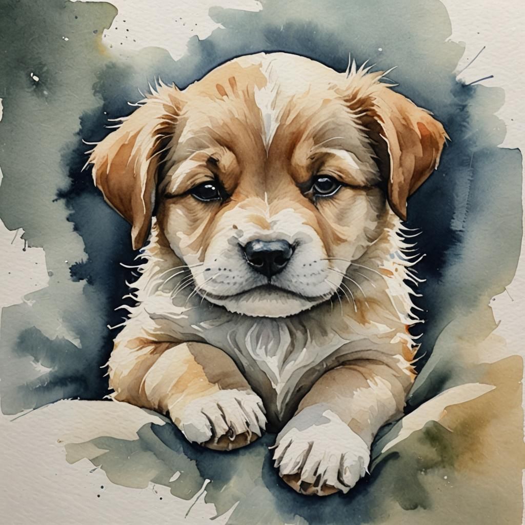 Sleepy Puppy in Loose Watercolor Style