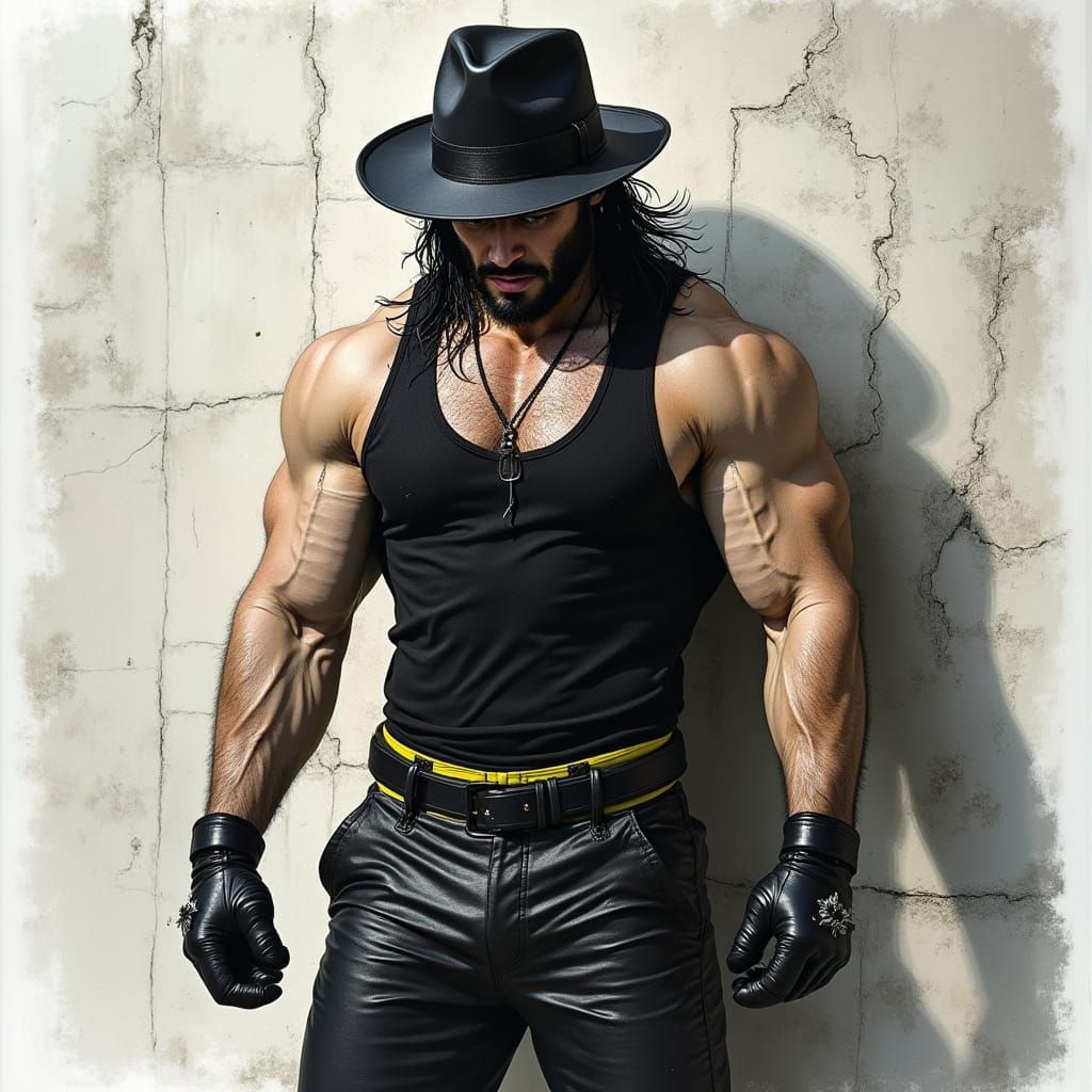 Muscular Man in Fedora: Charcoal Sketch with Subtle Surreali...