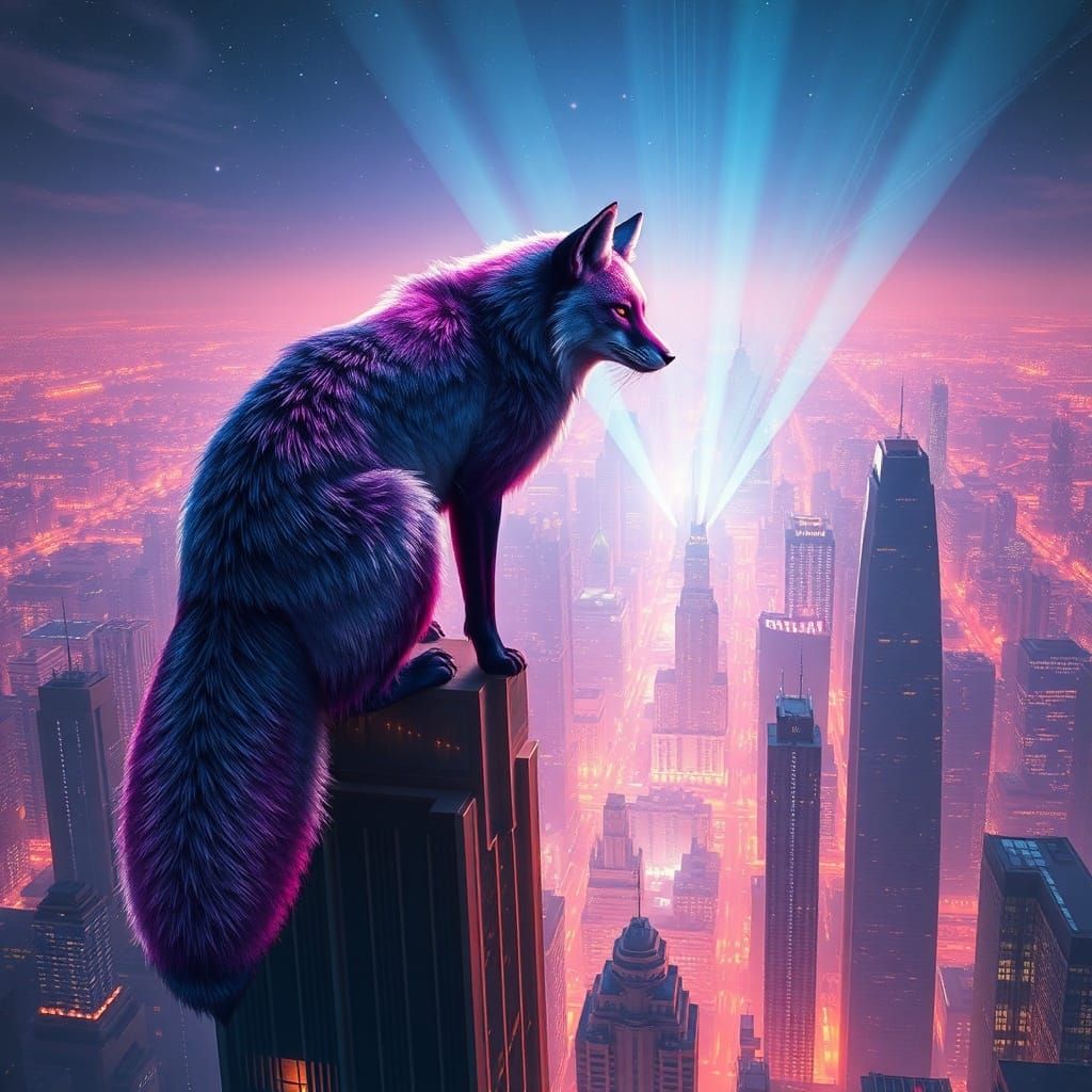 Colossal Iridescent Fox Over Bioluminescent Cityscape