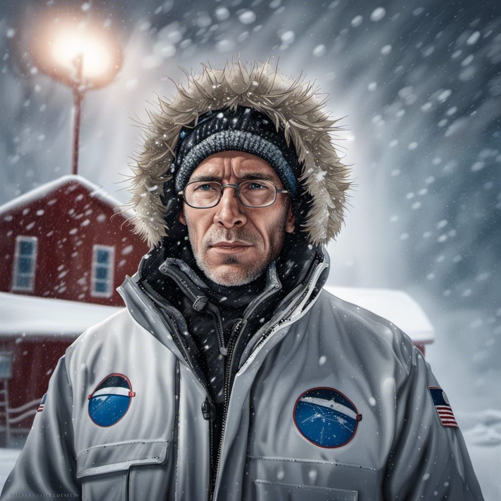 Hyperrealistic Portrait of Antarctica Researcher in Snowfall