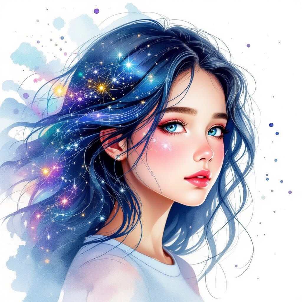 Girl with Flowing Hair and Quantum Particles