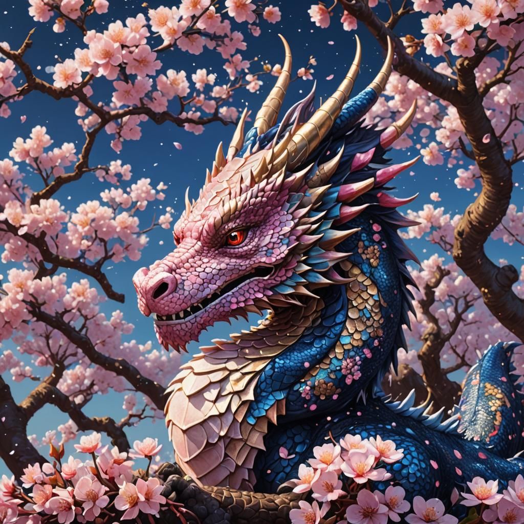 Dragon Among Cherry Blossoms in Pointillism Style