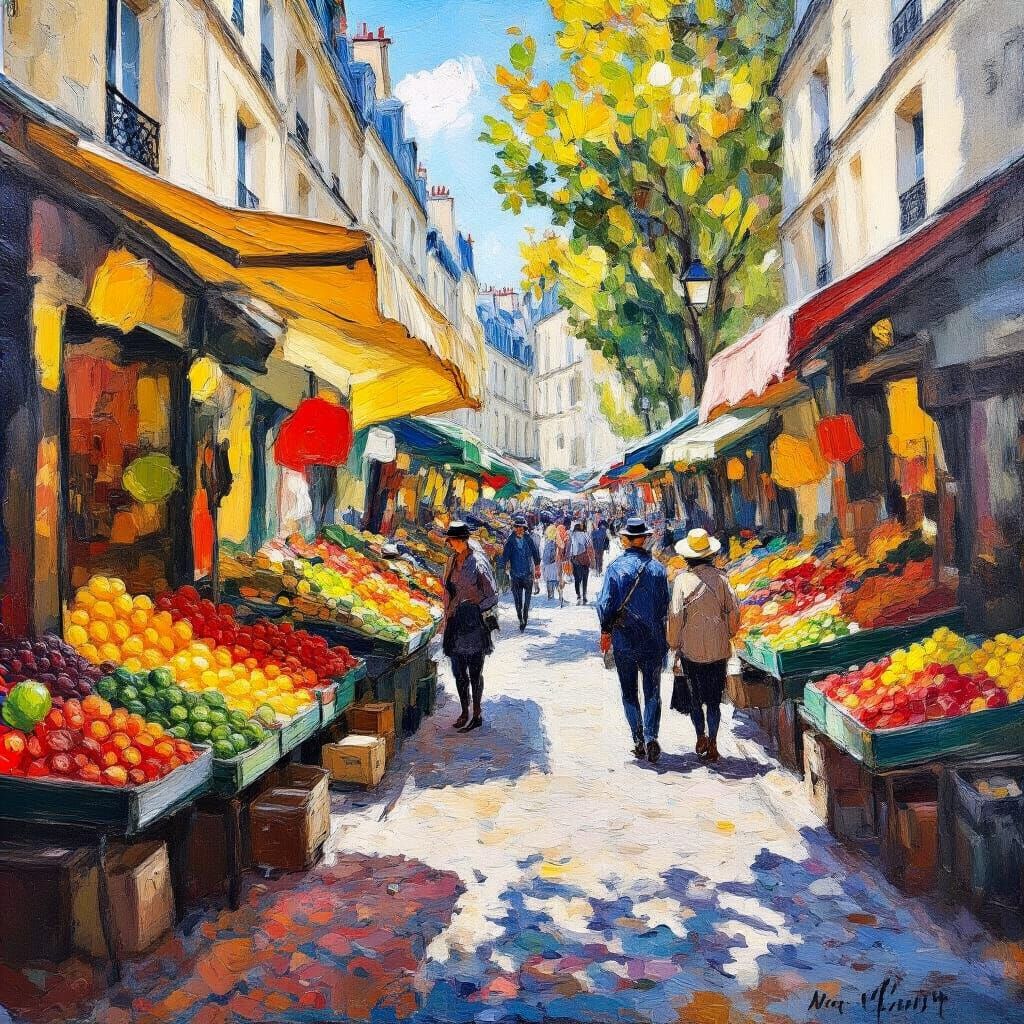 Impasto Oil Painting of Bustling Parisian Street Market