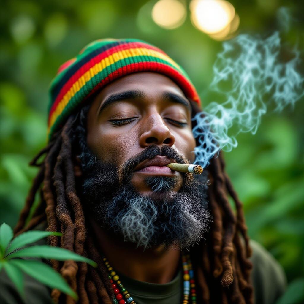 Rastafarian Man Exhales Smoke in Lush Marijuana Forest