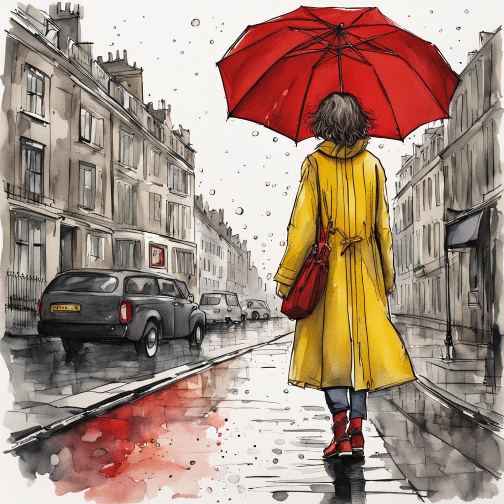 Girl Walks Rainy London Road in Watercolor Style