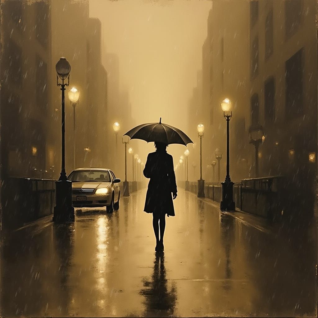 Rainy Portland Night Silhouette in Sepia Tones