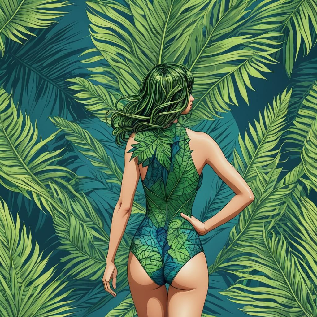 Girl in Swimsuit with Palm Leaf: 3D Shaded View