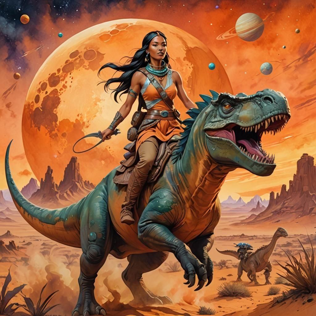 Pocahontas Rides a Dinosaur on Alien Planet