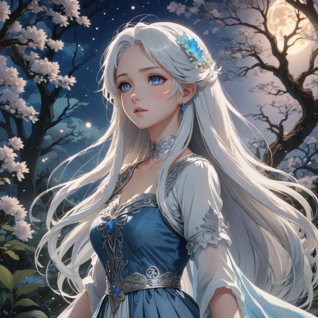 Anime Princess with Flowing White Hair in Moonlight