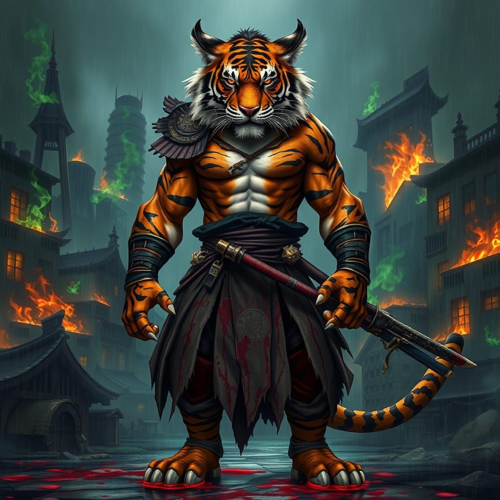 Epic Anthropomorphic Tiger Samurai in War-Torn City