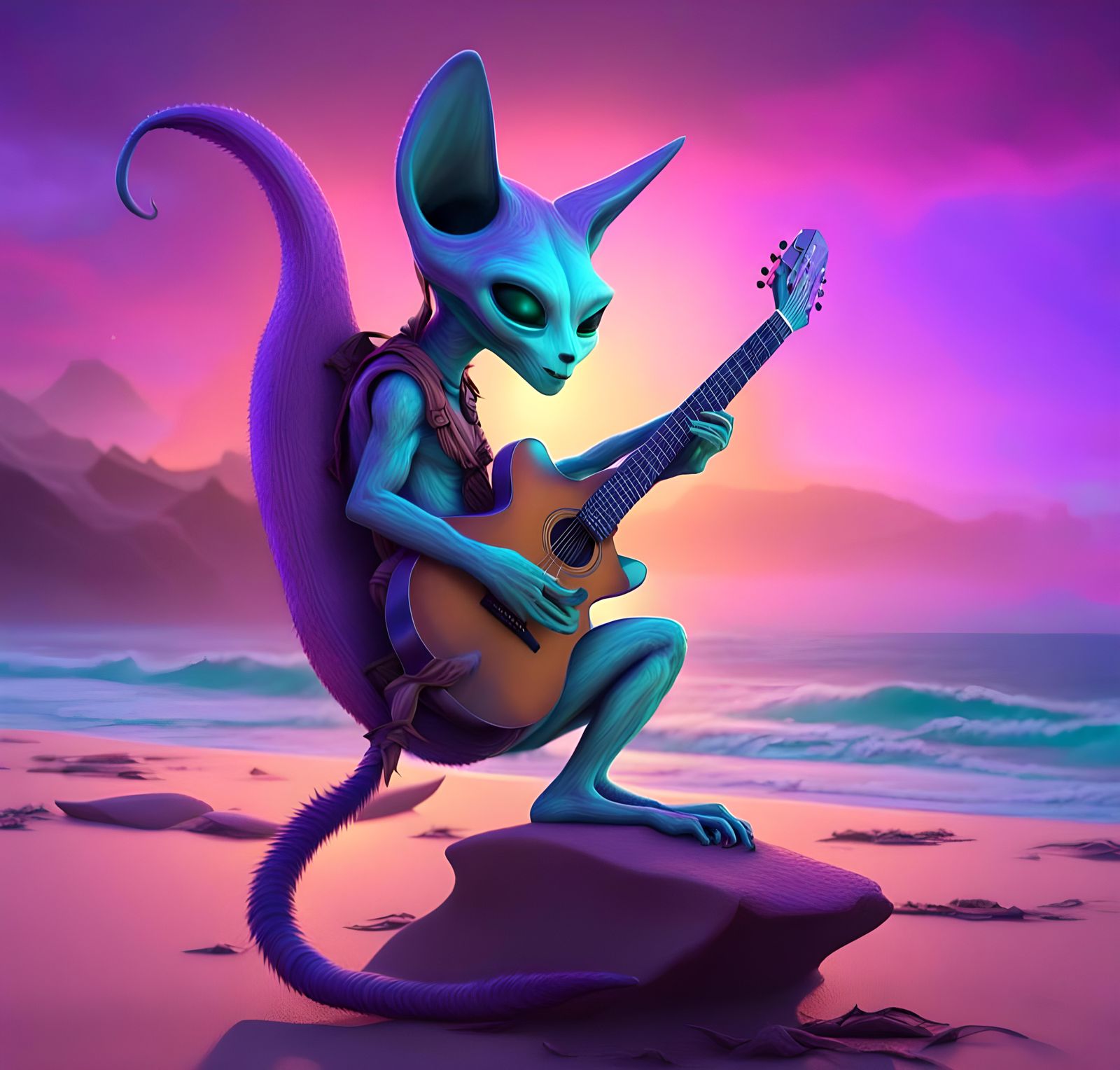 Surreal Alien Beachcomber with Cat, Kangaroo and Guitar