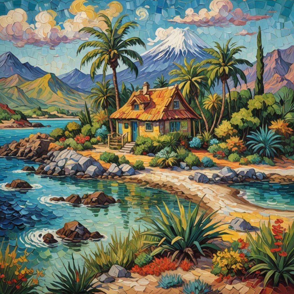 Island Cottage Volcano: Van Gogh Style Impressionism