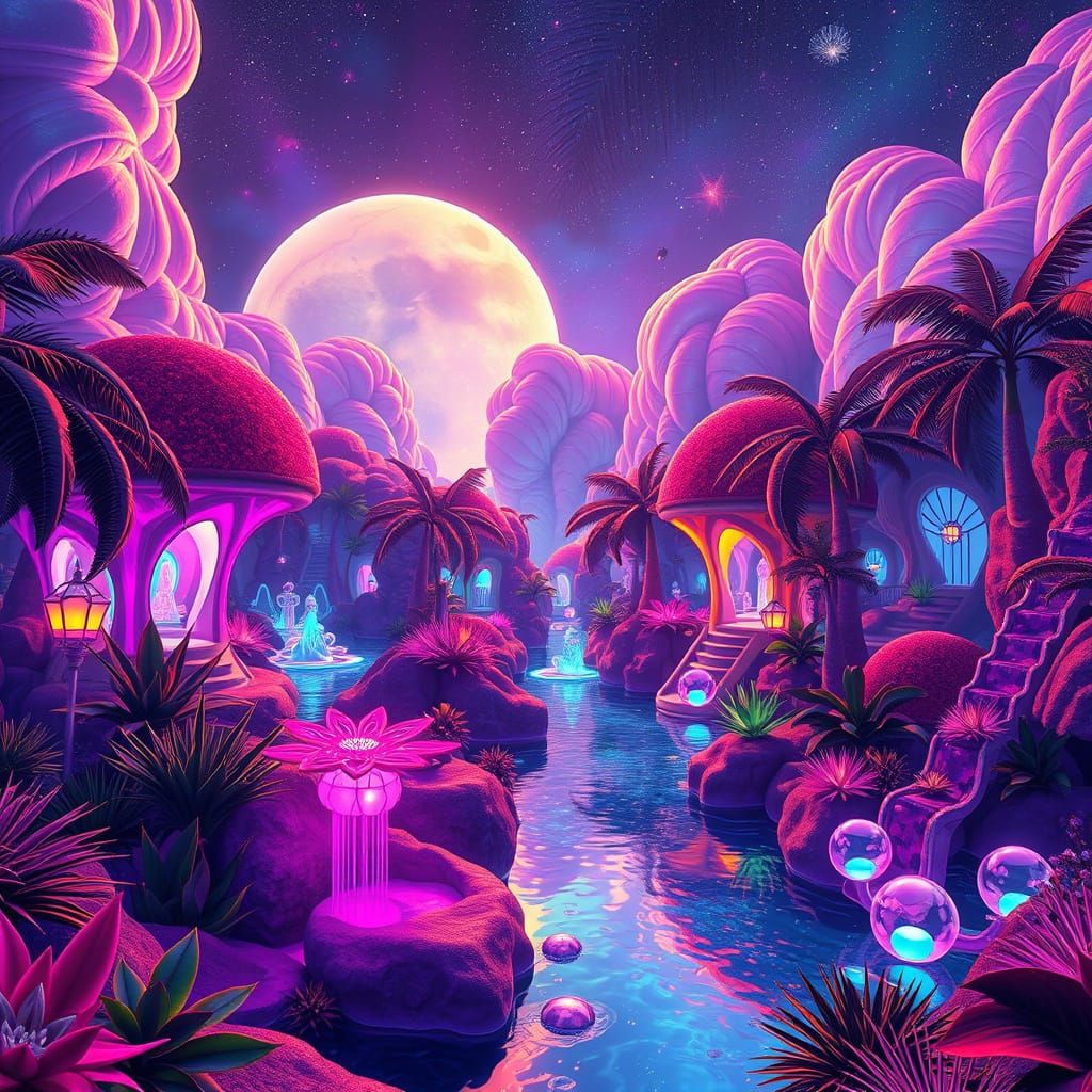 Whimsical Futuristic Rainbow Oasis under Celestial Skies