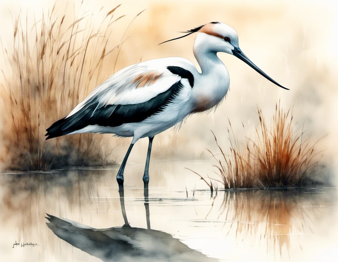 American Avocet in Misty Pond: Watercolor Style