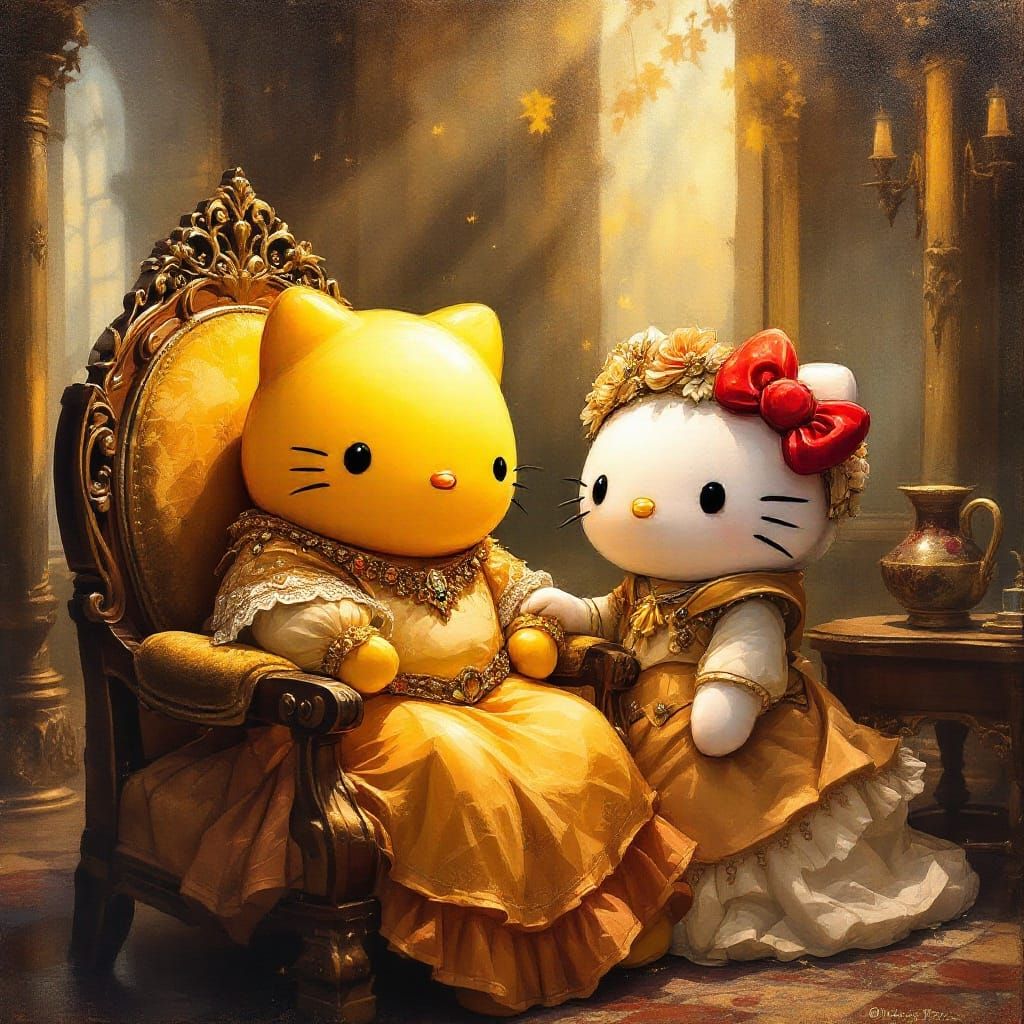 Gudetama and Hello Kitty in Renaissance Style