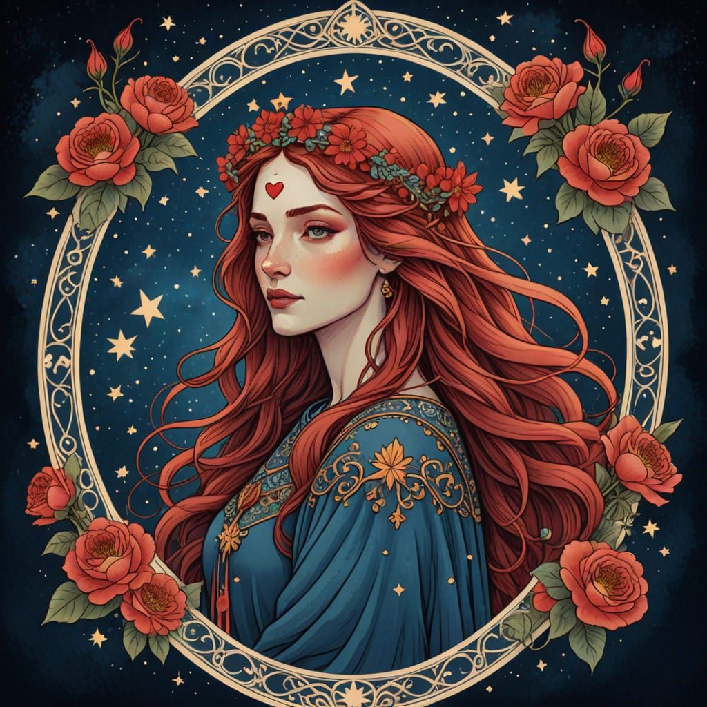 Ethereal Woman Tarot Card Illustration with Floral Crown