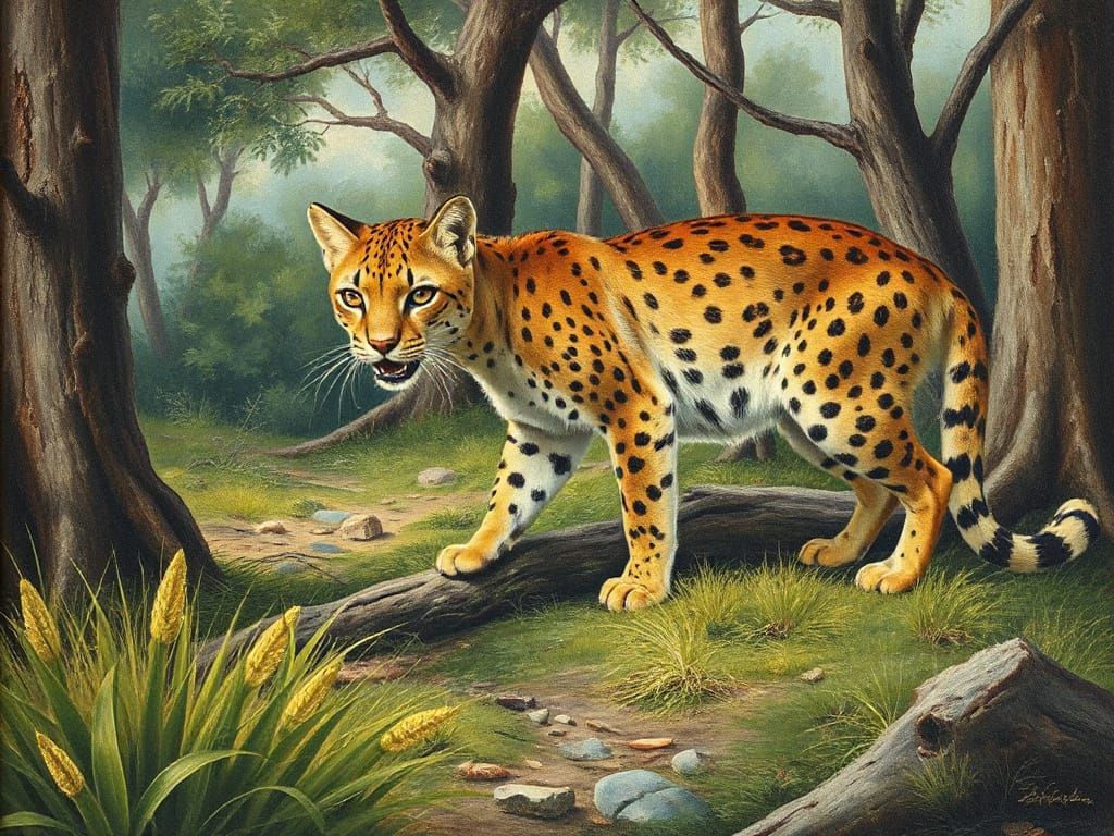 Ocelot in Thorn Forest: Vintage Oil Painting