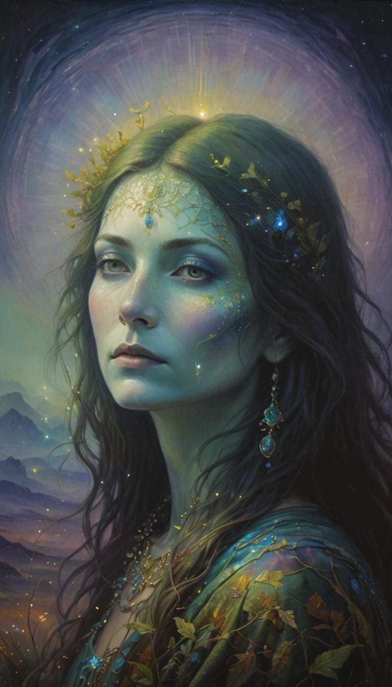 Mystical Woman Meditating in Surreal Oil Painting