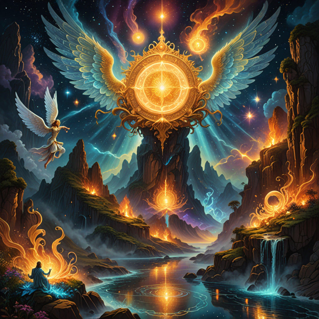 Archangels in Vibrant Cosmic Realm with Elements of Nature