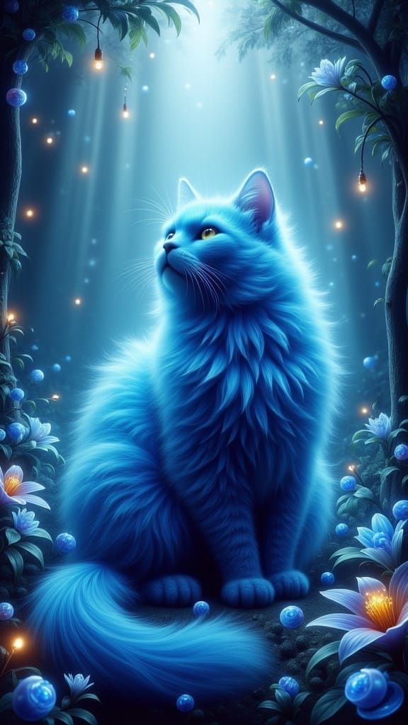 Azure Cat in Mystical Blue Forest, Dreamy Fantasy Art