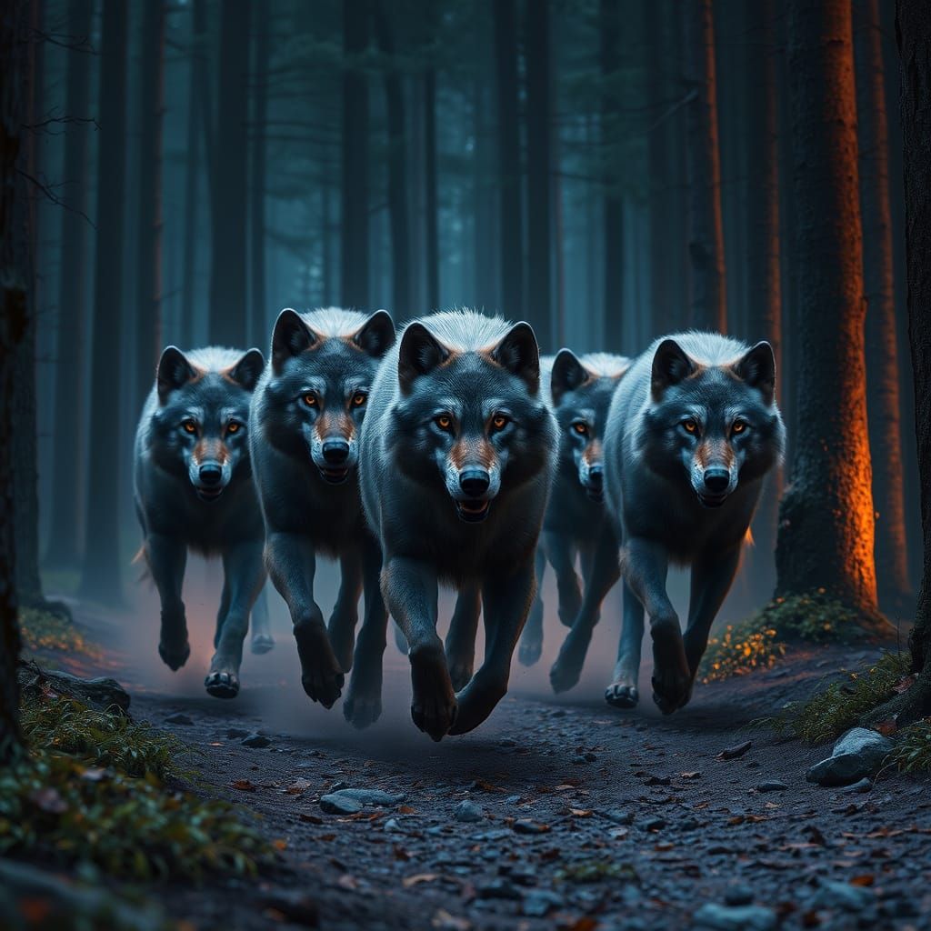Realistic Dark Fantasy Wolf Pack in a Haunting Forest