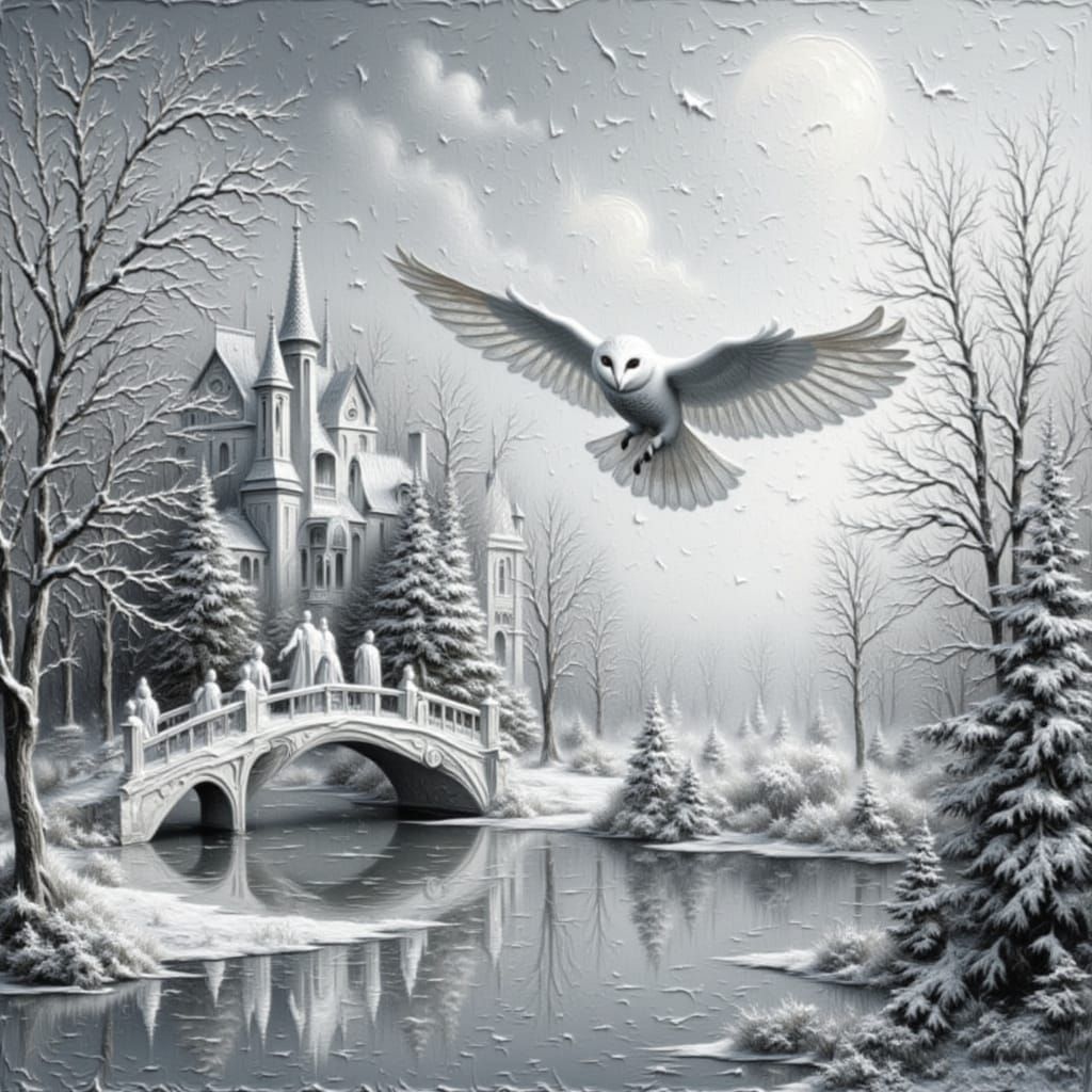 White Owl Over Medieval Mansion in Winter