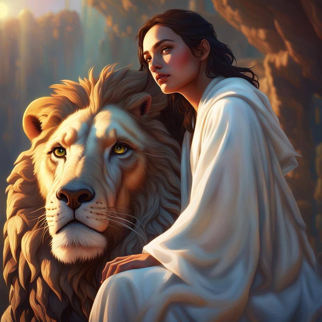 Woman with Lion and Eagle in Hyperrealistic Style