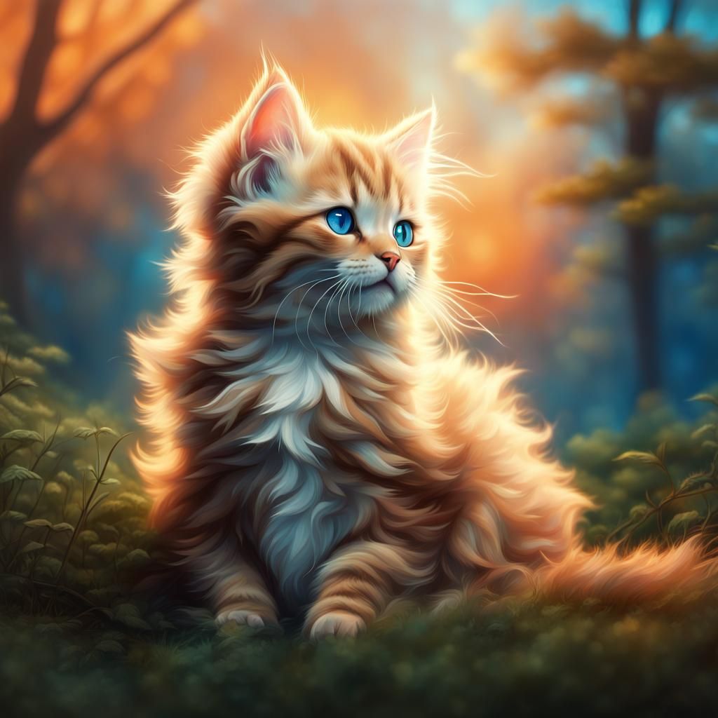 Fluffy Kitten in Forest: Digital Matte Painting