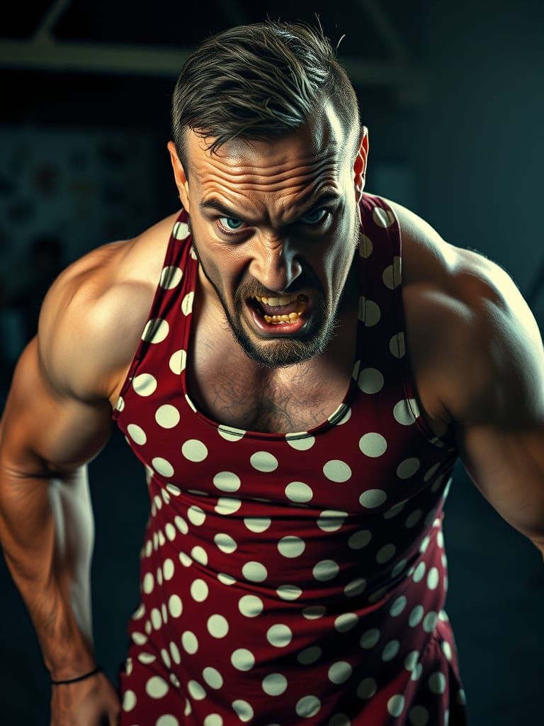 Humorous Portrait of Angry Man in Polka Dot Dress