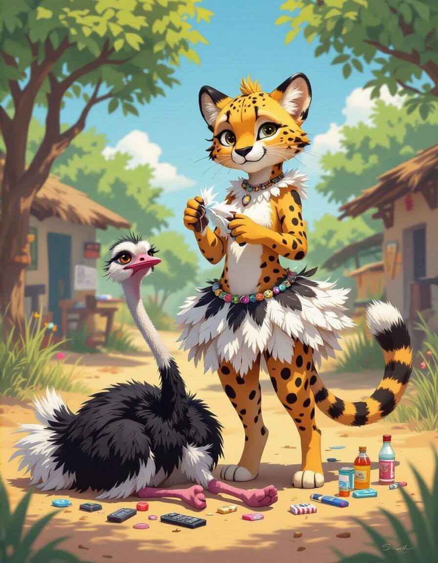 Anthropomorphic Cheetah Crafts Feather Skirt in Ghana