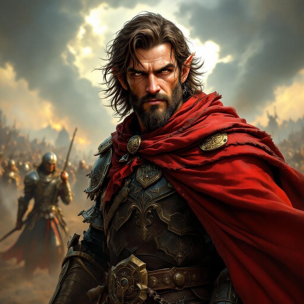Half-Elf Warrior on Battlefield in Dramatic Lighting