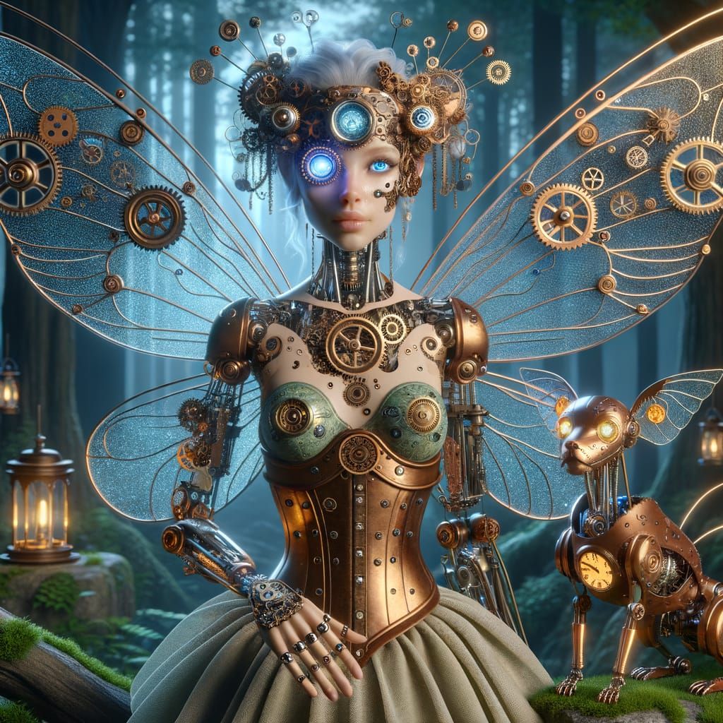 Steampunk Fairy in Twilight Industrial Forest