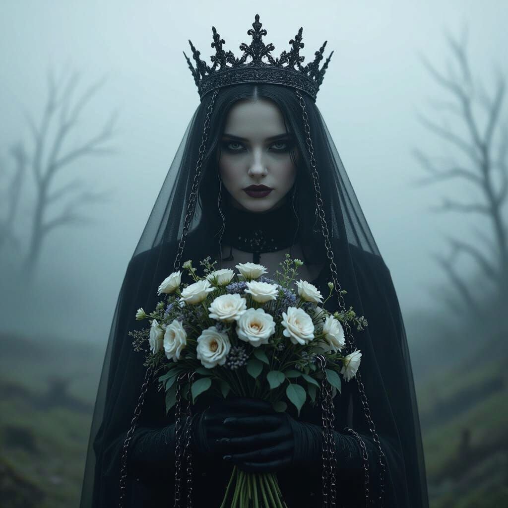 Dark Fantasy Woman in Gothic Crown with Faded Flowers