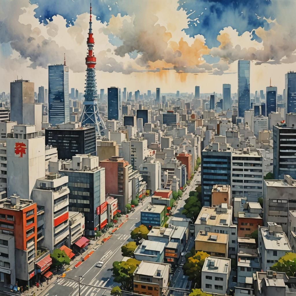 Tokyo in Gouache Style: Impressionist Masterpiece