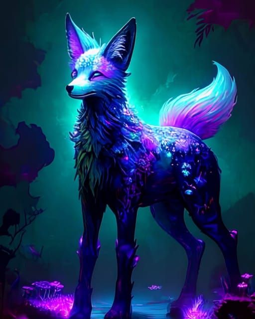 Ethereal Bioluminescent Fox in Cosmic Flora
