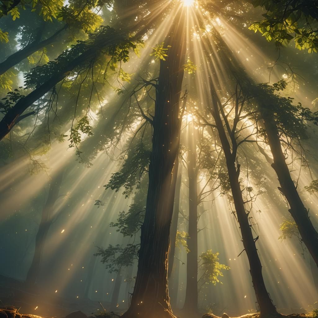Luminous Beam in Misty Forest: Digital Painting