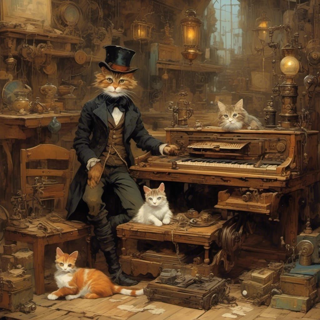 Steampunk Cat and Dog Listening to Music