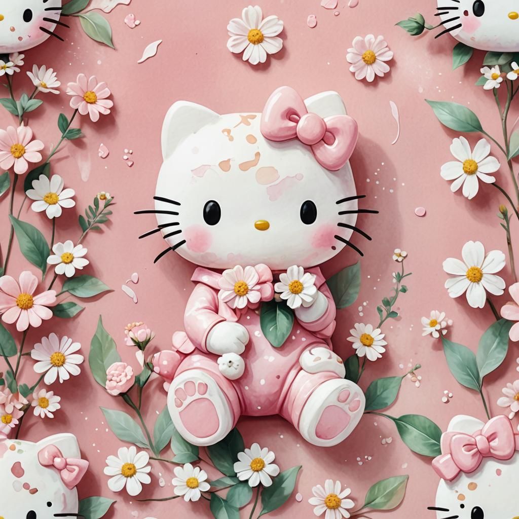 Kawaii Hello Kitty Illustration in Watercolor Style