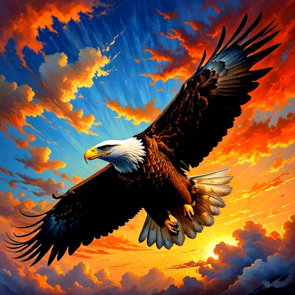 Eagle Soars Through Golden Skies in Vibrant Digital Art