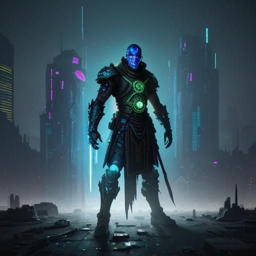 Cyberpunk Warrior Monk in Futuristic Ruins