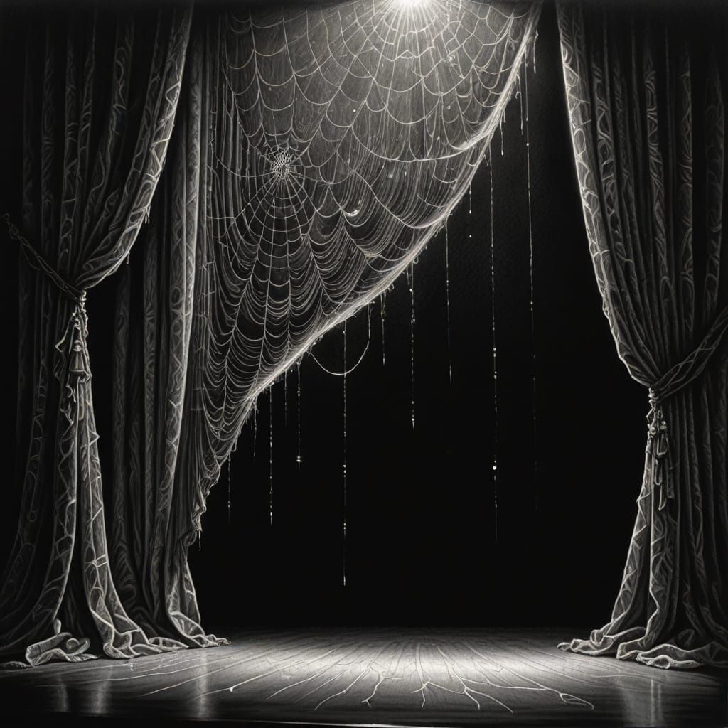 Spiderweb Theater Curtain in Detailed Charcoal Drawing