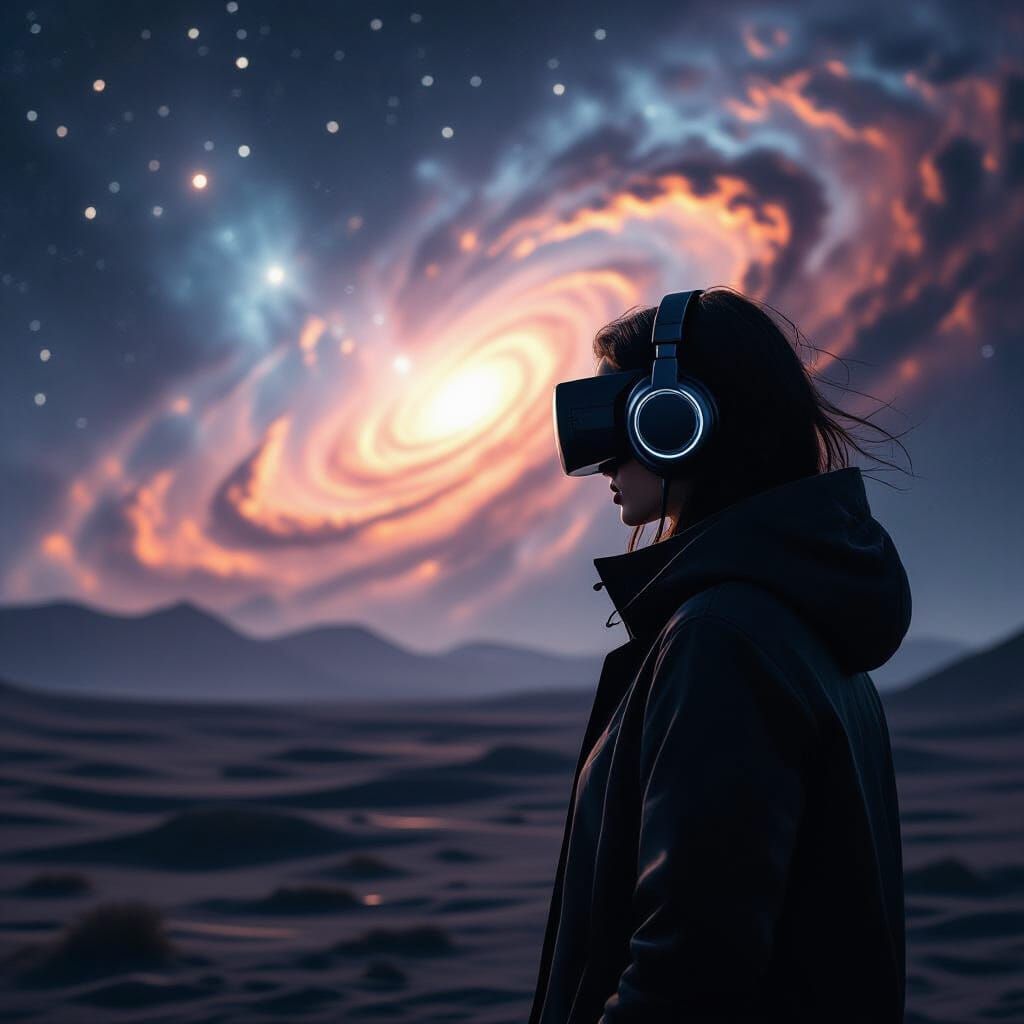 Lone Figure on Alien Planet Gazing at Nebula in Hyperrealist...