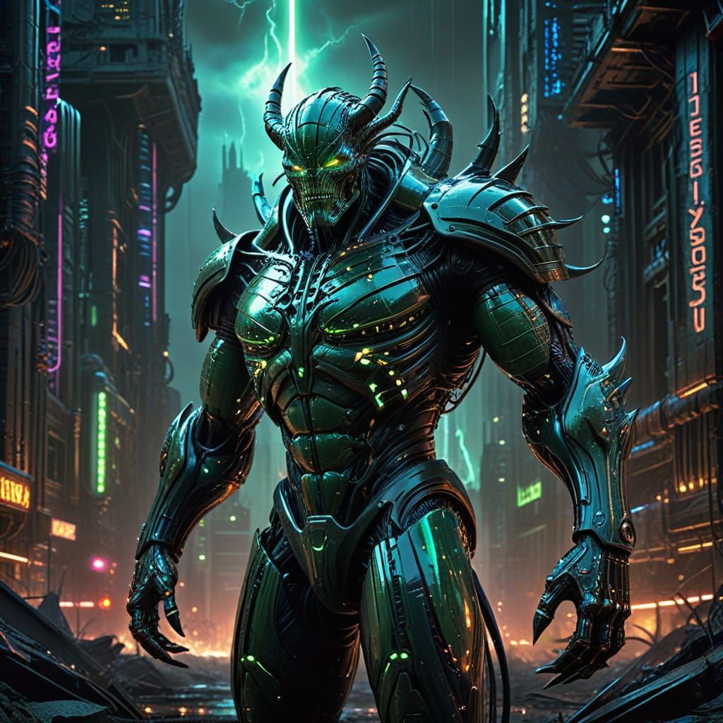 Glowing Humanoid Monster Towers Over Futuristic Cityscape