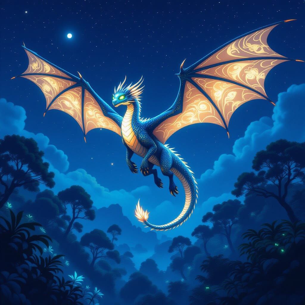 Bioluminescent Dragon Soaring Over Enchanted Forest