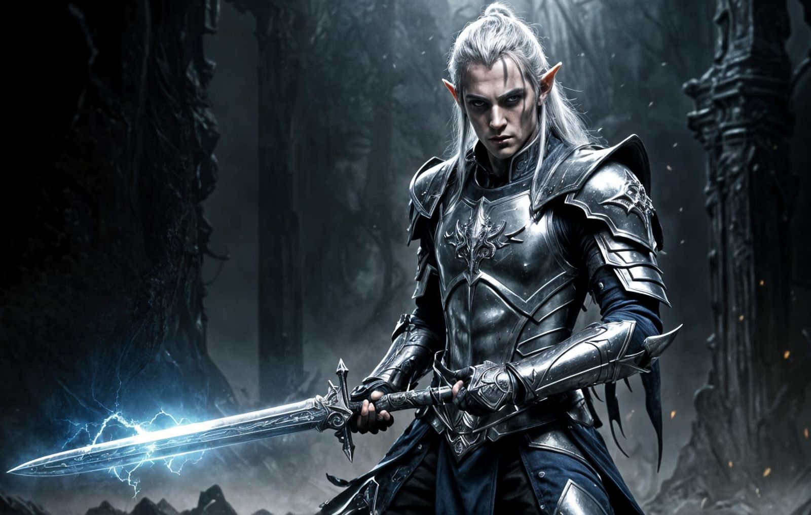 High Elf Necromancer with Sword, Hyperdetailed Digital Art