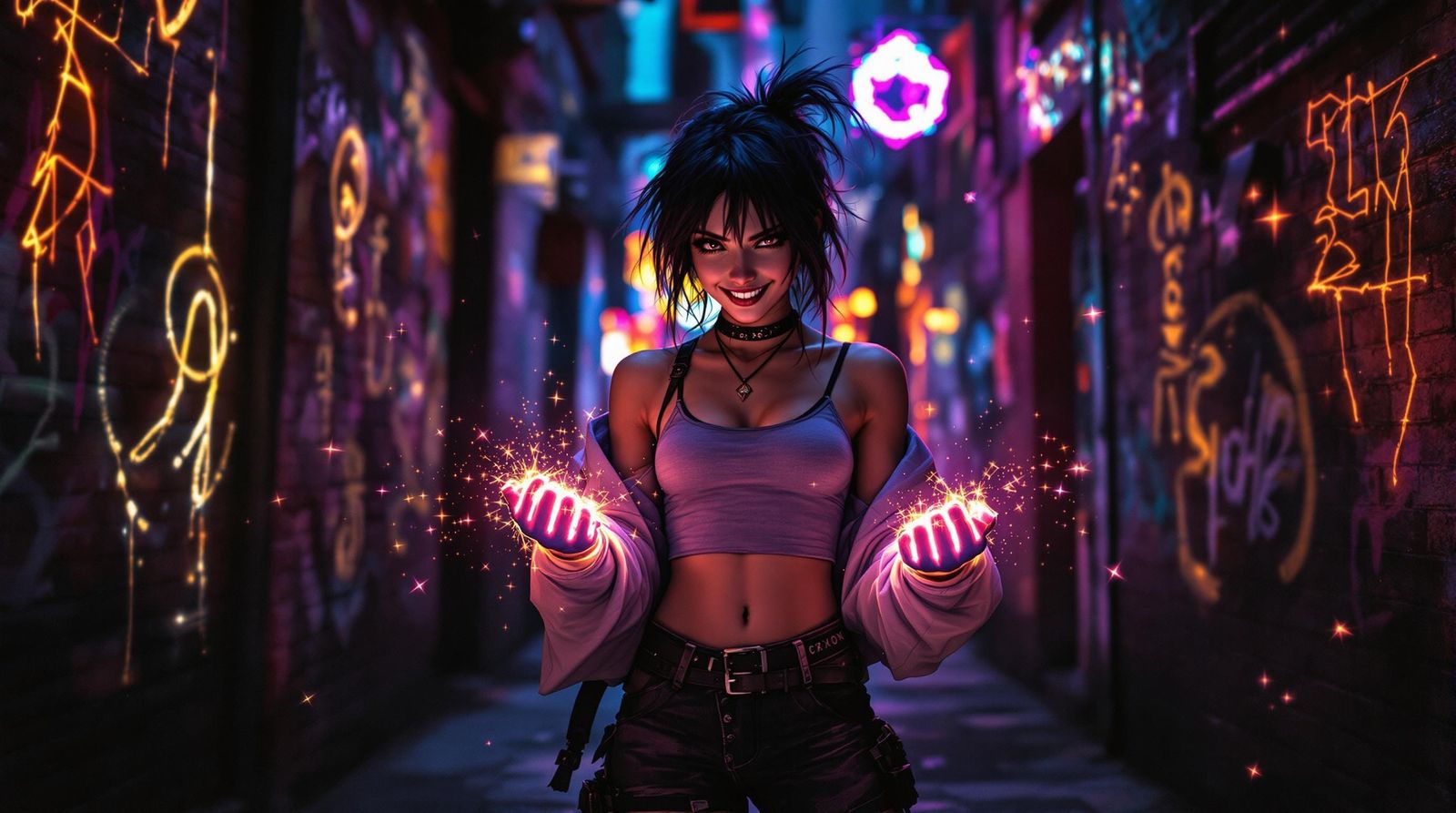 Mystical Urban Alleyway: Girl with Arcane Runes