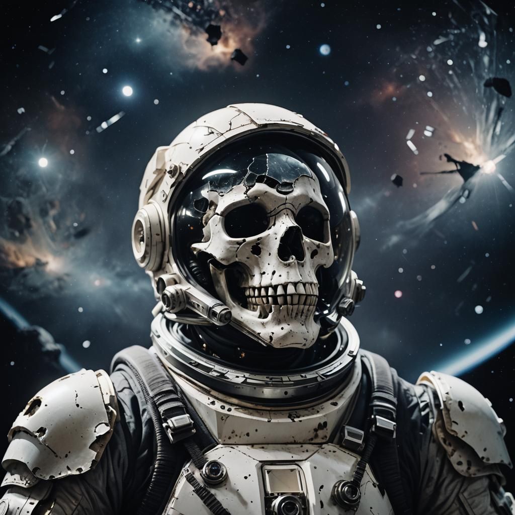 Shattered Space Suit Reveals Skull in Starry Void