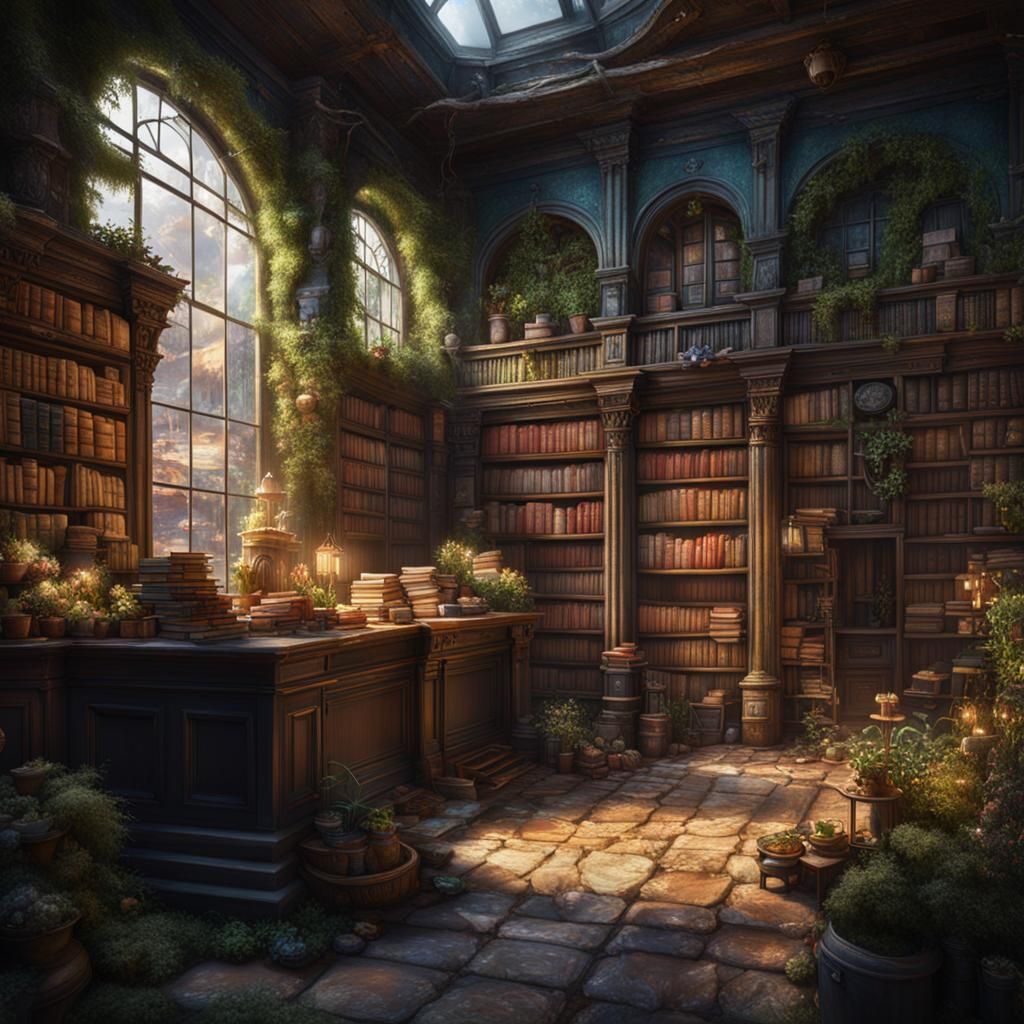 Botanical Bookstore With Old Bookseller: Matte Painting